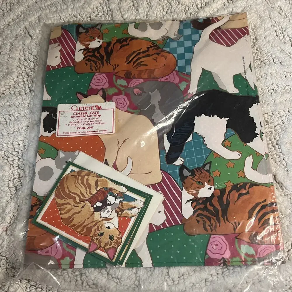 Vintage Classic Cats Current Gift Wrap Cards + Artfaire Rainbow Wrapping Paper